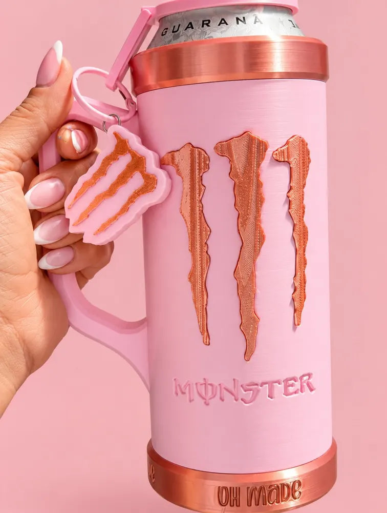 Pink Monster can holder with a personalised keychain