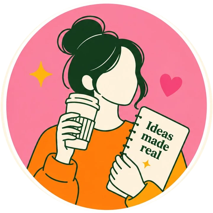 Illustration of the maker behind OH, MADE! holding a coffee and a notebook that reads Ideas made real