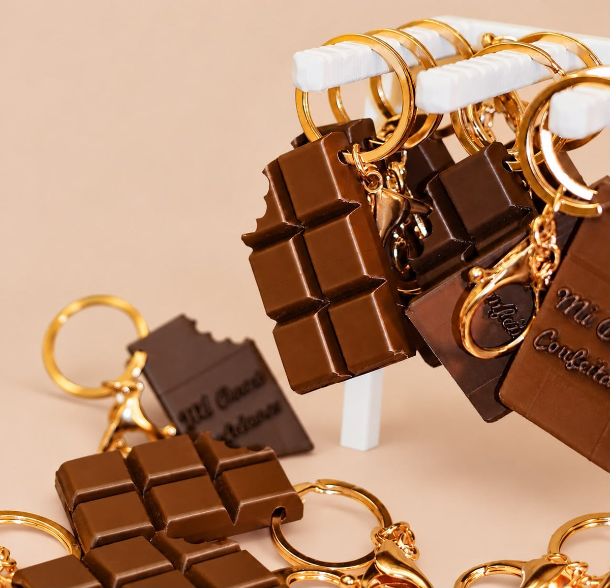 Chocolate bar keychains hanging on a display