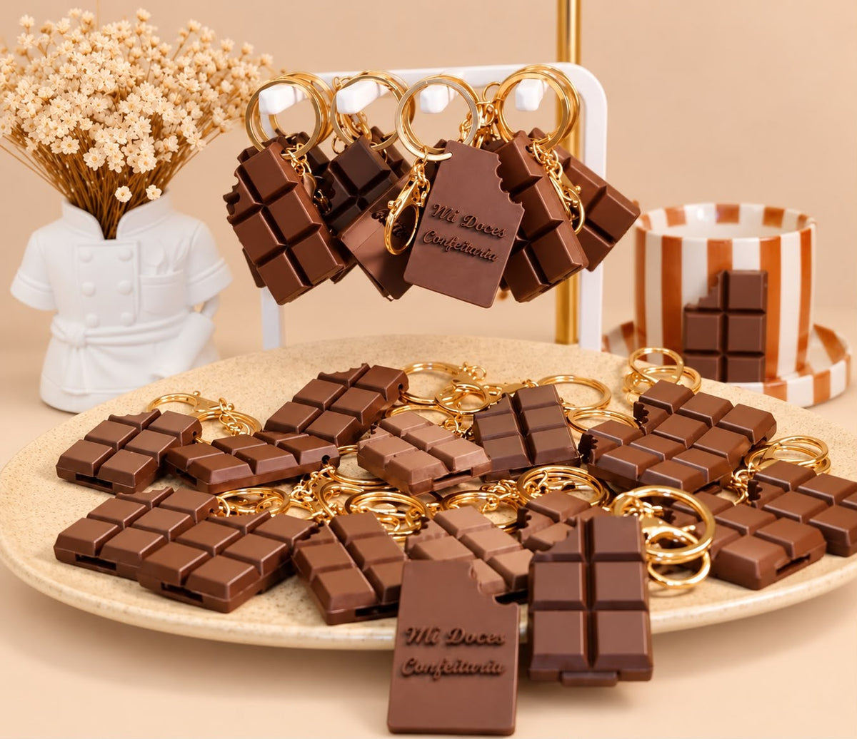 Plate of chocolate bar keychains for a sweet business