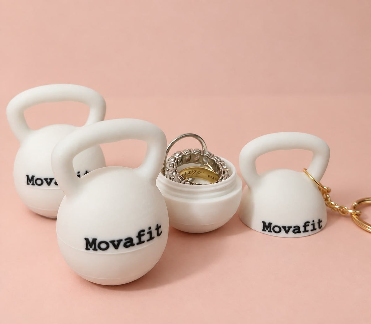 White kettlebell ring holder keychains with a custom logo