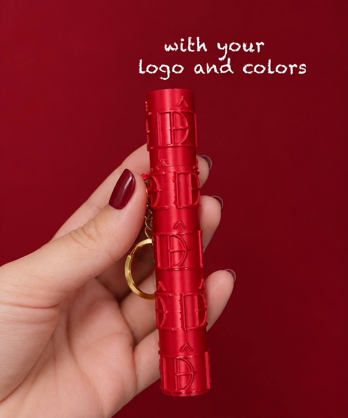 Red lash wand holder keychain with a custom logo