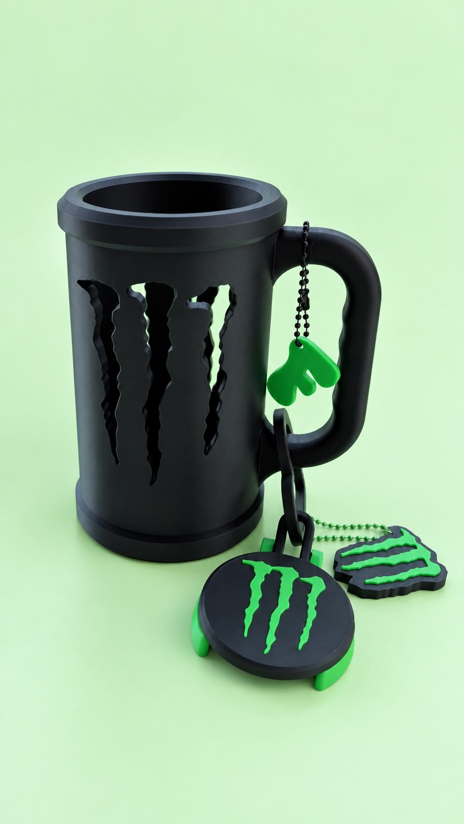 Black and green Monster mug can holder with can protector
