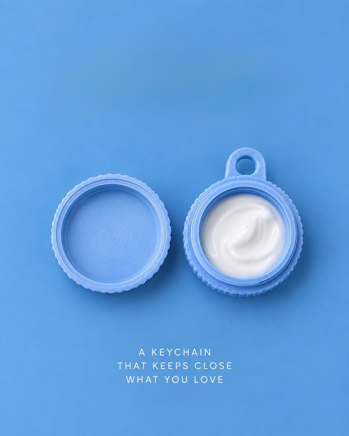 Open sample container keychain holding cream