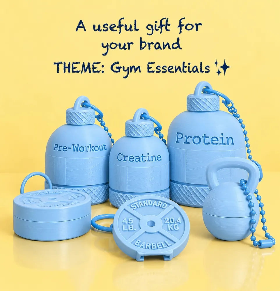 Blue gym supplement keychains