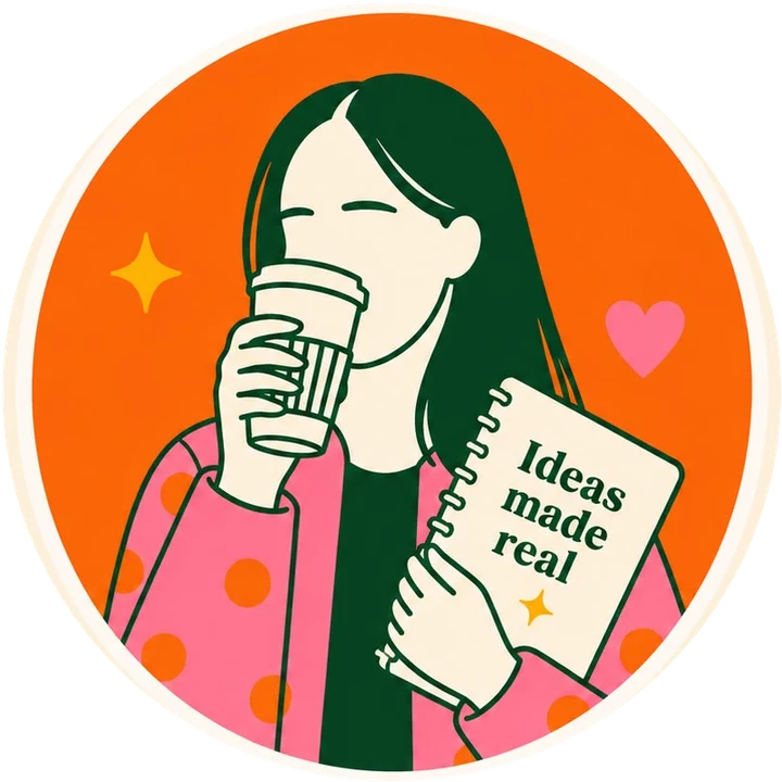 Illustration of the maker behind OH, MADE! holding a coffee and a notebook that reads Ideas made real